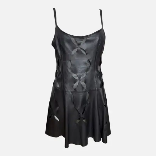 Gianni Versace S/S 1994 Black Leather Cutout-Floral Mini Dress