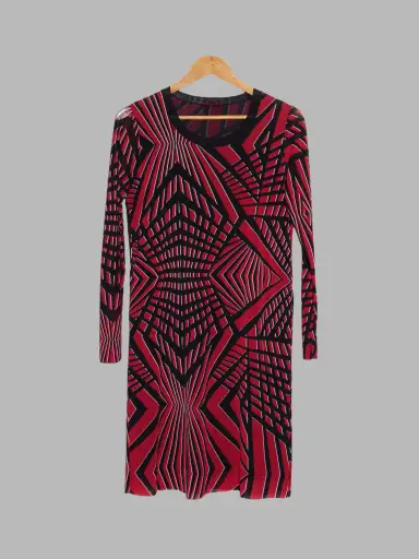 Vivienne Tam black red nylon mesh geometric pattern long sleeve dress