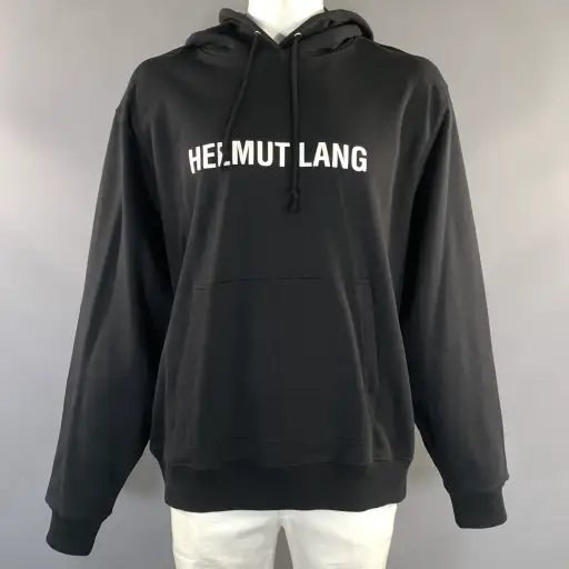 HELMUT LANG Size XXL Black White Logo Cotton Hooded Sweatshirt
