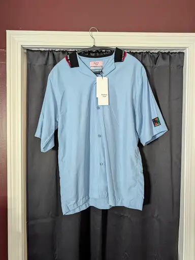 MARTINE ROSE Light Blue Short-Sleeve Logo Ribbed Camp Collar Shirt S