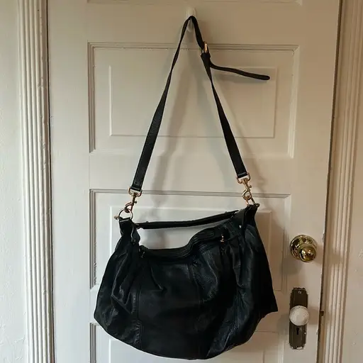 Large black shiny slouchy leather handbag. MS by Martine Sitbon