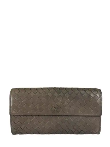 Bottega Veneta Grey Leather Intrecciato Flap Wallet