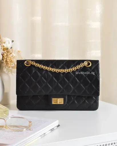 Reissue 2.55 Small | Black Aged Calfskin Brushed Gold Hardware