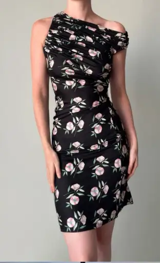 VERSACE 1998 Black Floral Print Ruched Jersey Dress (S-M)