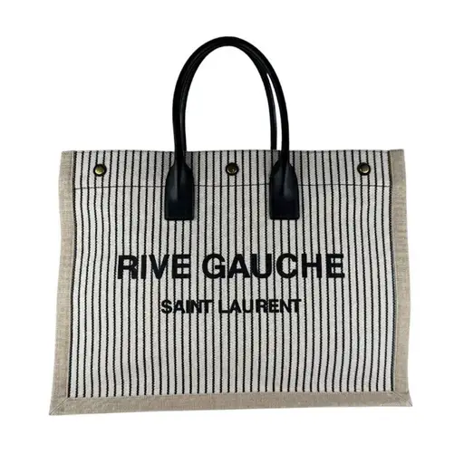 Saint Laurent Rive Gauche Canvas Tote Bag White Tan