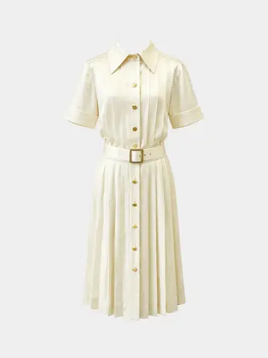 Chanel 1988 Cream Silk Pleated Runway Dress with Belt