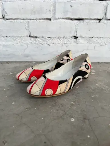 Emilio Pucci Pink Red Cream Grey Black Geometric Shapes Corduroy Flats