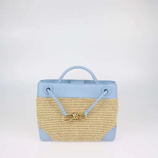 Bottega Veneta Light Blue,Natural Raffia and Leather Small Andiamo Tote