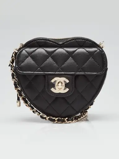 Chanel Black Quilted Lambskin Leather CC In Love Heart Clutch With Chain Bag