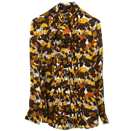 Gucci 2007 Tie-Neck Blouse Top Ginkgo Leaf Print Brown #38