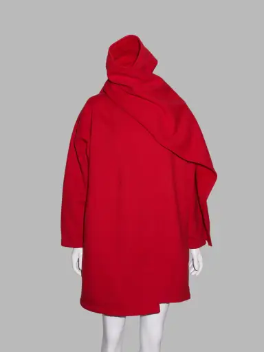 Norma Kamali 1980s bright red fleece gown coat with integrated scarf