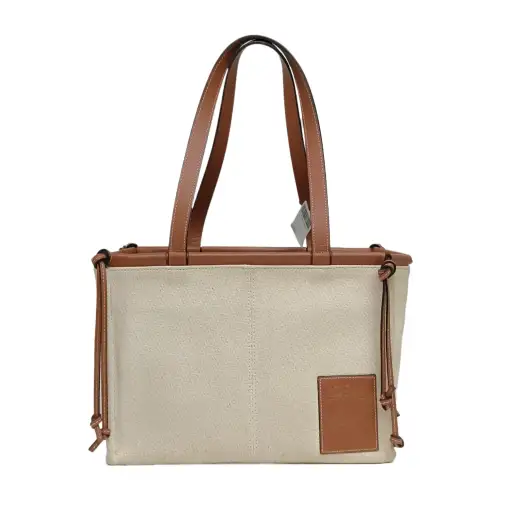 LOEWE Cushion Tote Square Logo Patchwork Leather Magnetic Hard Bag Opening Tote Bag Beige Calfskin,Canvas
