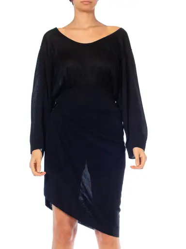 1980S ALAIA Black Viscose & Nylon Knit Romper Wrap Skirt Ensemble