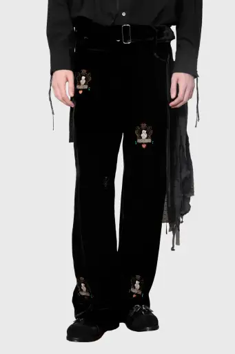 MIDORIKAWA EMBROIDERY VELVET BELTED SLACKS