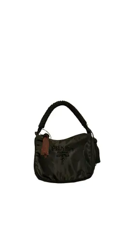 Prada Vintage Nylon Beaded Rope Handle Mini Hobo Bag Black Tessuto Shoulder Bag Tassel Gold Tone Hardware