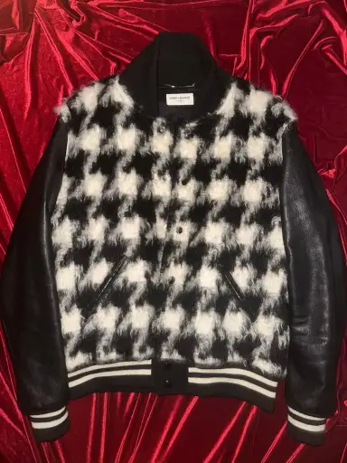 Saint Laurent Paris 14FW Hound Tooth Leather Arm Teddy JKT