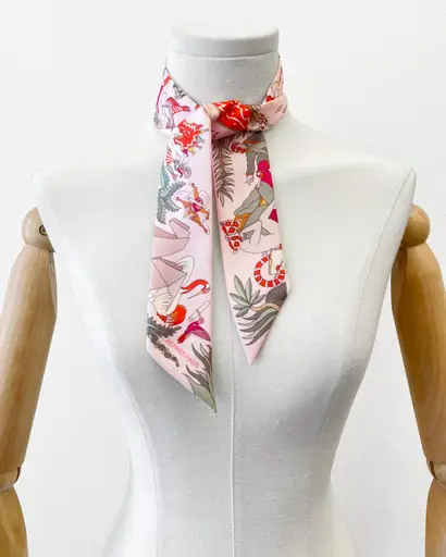 Hermes Academia Hippica twilly silk scarf in rose pink