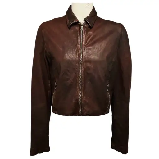 Dolce & Gabbana Brown Distressed Lambskin Leather Cropped Zip Front Jacket