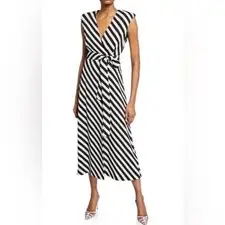 Dries Van Noten striped wrap cocktail gown Midi Black White EU 44 US 12