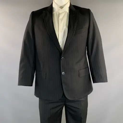 DOLCE & GABBANA Chest Size 42 Black Navy Stripe Wool Peak Lapel 36 27 Suit
