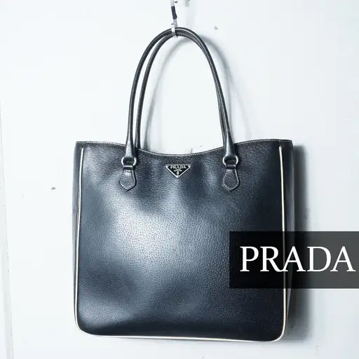 【PRADA】プラダ 三角プレート ロゴホワイトパイピングレザートートバッグ　black