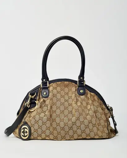 Gucci Black Leather and Beige/Brown GG Monogram Canvas Medium Sukey 2Way Shoulder Bag