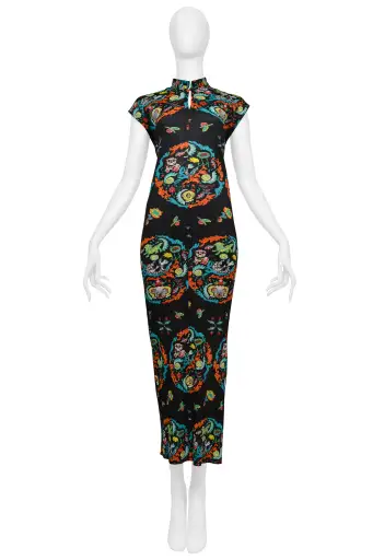 ISSEY MIYAKE PLEATS PLEASE BLACK DRESS WITH MULTICOLOR PRINT AND MANDARIN COLLAR
