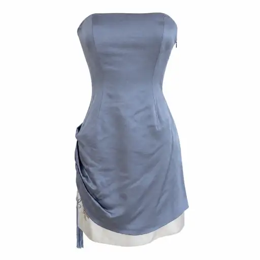 Chloé Spring Summer 1998 Runway Gray Blue Strapless Embroidered Tassel Dress