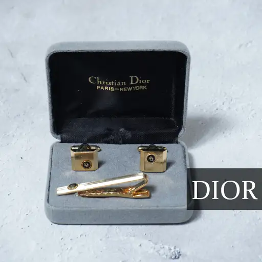 【Christian Dior】クリスチャンディオール トロッターロゴカフスピン・ネクタイセット 箱付 gold