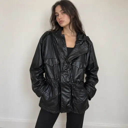 Norma Kamali Short Cargo Hoodie Large Black Foil Utility Jacket ST3254FL523