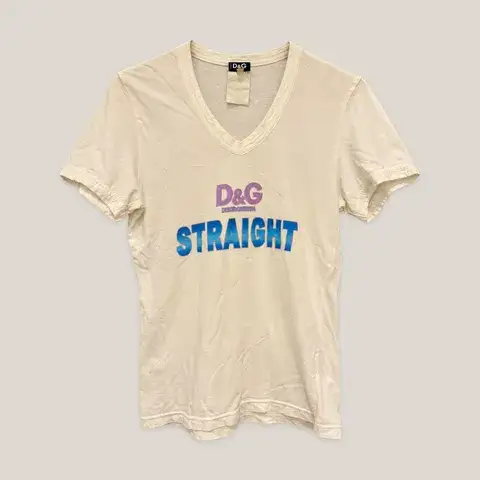 D&G DOLCE & GABBANA CREAM STRAIGHT LOGO V-NECK T-SHIRT