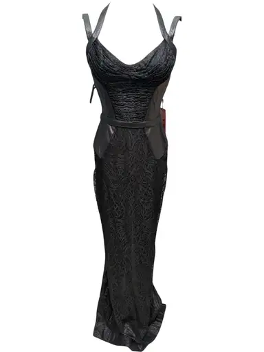 F/W 2001 Gianni Versace Black Lace Sheer Leather Gown