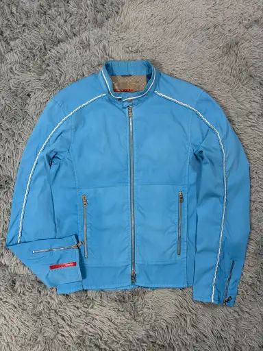 Prada Sport 2003 Aqua Blue Nylon Piped Biker Jacket - IT48