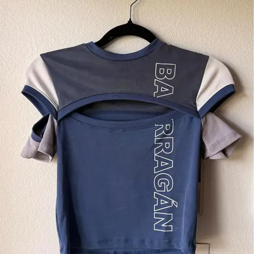 barragan blue, white and gray open chest/sleeve t shirt 
stitching slightly coming out in last photo
#y2k #designer