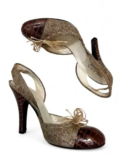 PRADA burlap/jute & croc slingback heels