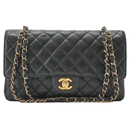 CHANEL Caviar Skin Matelasse Double Flap 25cm Chain Shoulder Black Gold-Tone Hardware, Pre-Owned