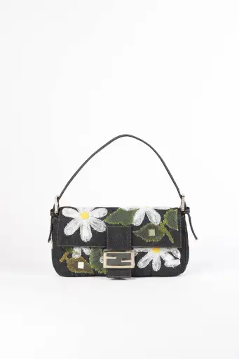 Vintage Fendi Denim Baguette with Mesh Flower Appliqué