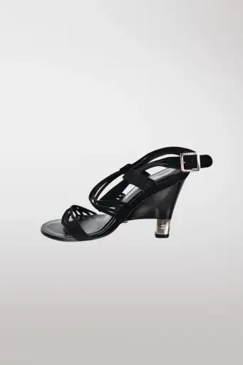 Chanel Black Leather Strappy Wedge