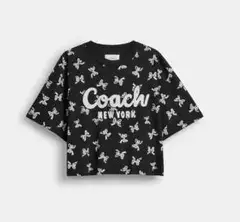 新品coach ボウ プリント カーシヴ シグネチャー クロップド Tシャツ S