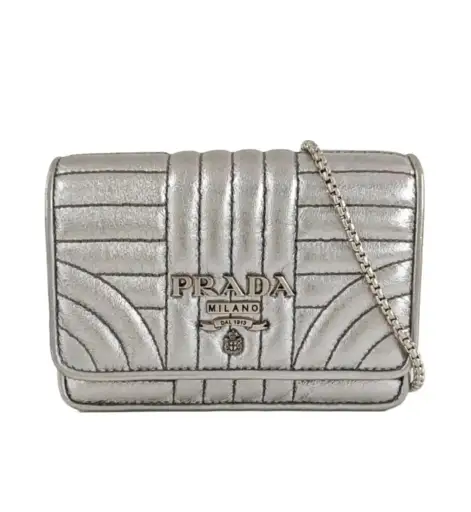 PRADA Diagramme silver sheepskin quilted shoulder bag crossbody bag silver hardw