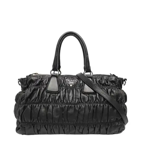 PRADA Gaufre black sheepskin shoulder bag crossbody bag handbag silver hardware