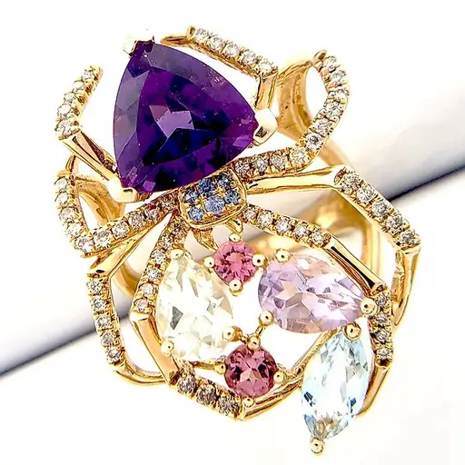 Ring - 14 kt. Yellow gold -  5.70ct. tw. Mixed gemstones - Diamond