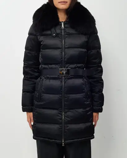 Prada Black Shiny Down Puffer Coat with Fox Fur Trim - 40 IT / US 4