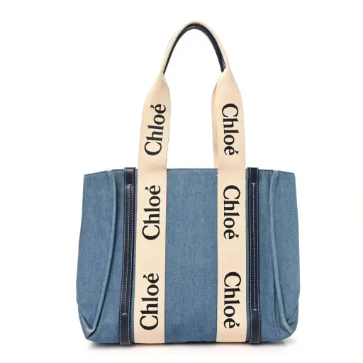 Denim Shiny Calfskin Medium Woody Ribbon Tote Navy