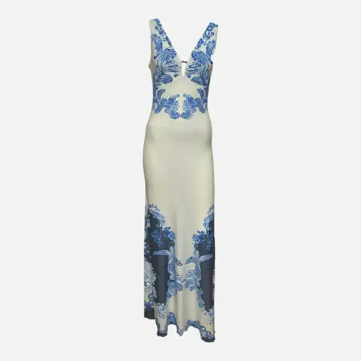 Roberto Cavalli F/W 2007 Ivory And Blue Baroque Floral-Print Maxi Dress
