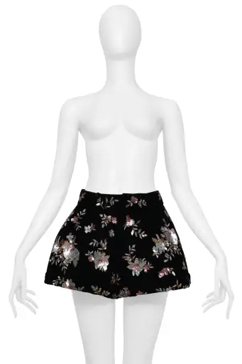 SAINT LAURENT PARIS BLACK VELVET SHORTS WITH FLORAL SEQUIN EMBROIDERY