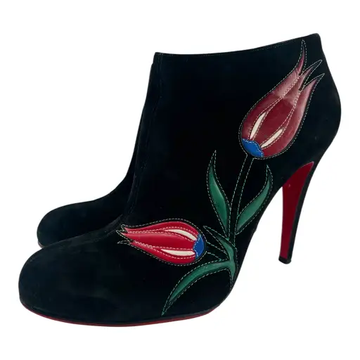 Christian Louboutin Black Velour Stiletto Boot with Red Tulips, 40.5