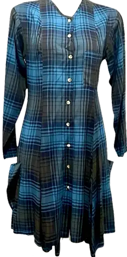 Marithe + Francois Girbaud Paris. Black/ Blue Rayon Plaid Long Sleeve  Button Down Dress