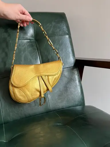 Rare! Vintage Dior gold ostrich embossed leather mini saddle bag