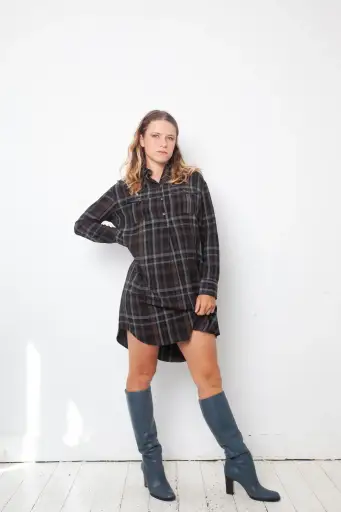 Veronique Branquinho FW 2003 checkered brown and blue cotton shirt dress